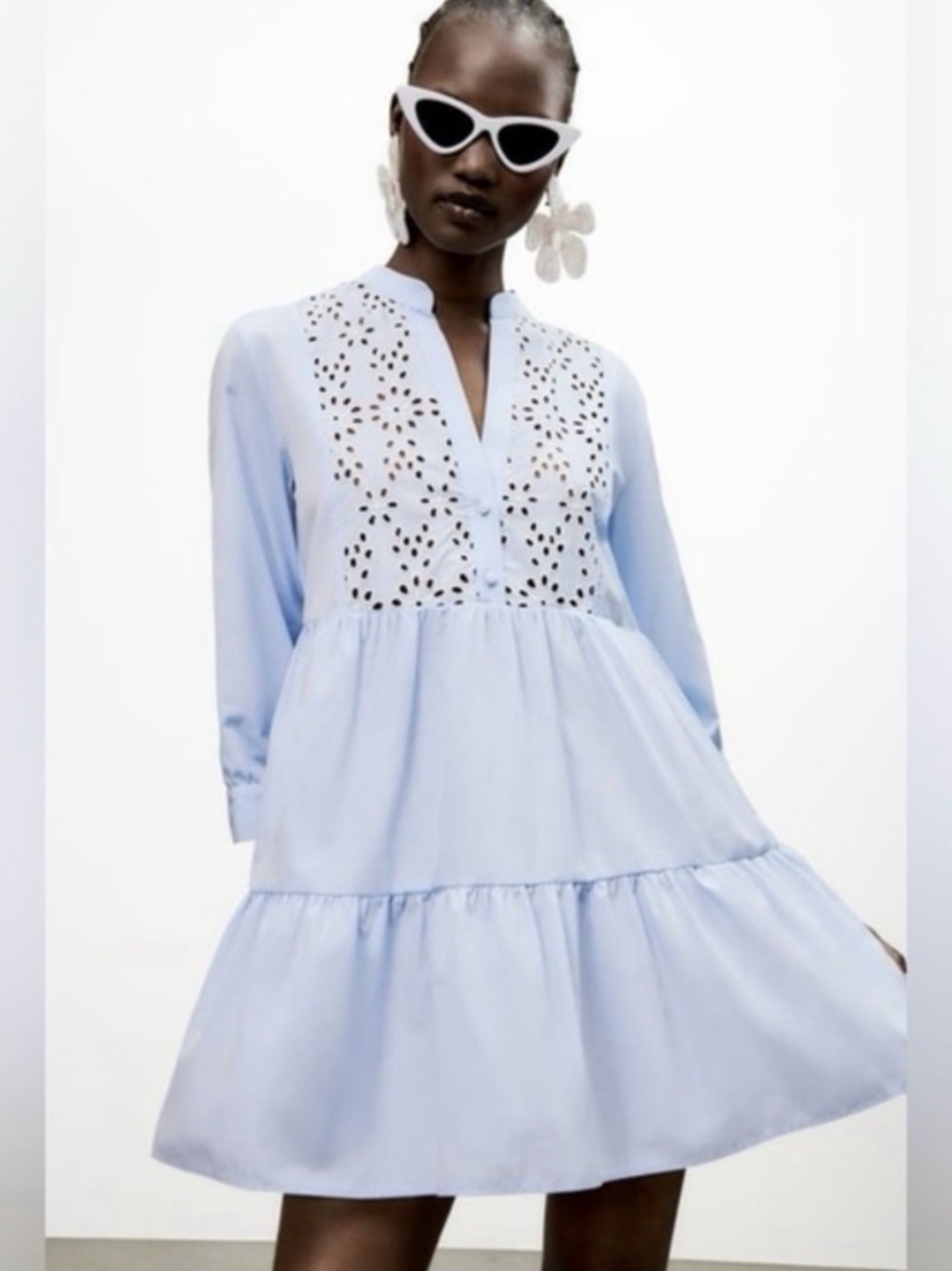 Zara blue mini dress with white embroidery medium